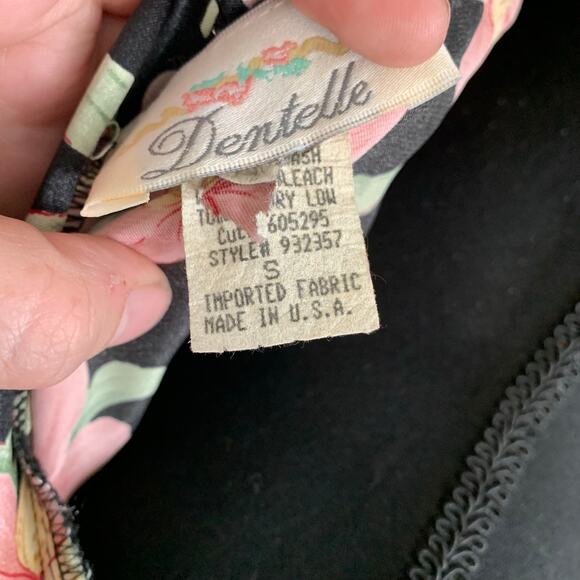 Vintage Dentelle Satin Floral Robe Black Pink Green Loungewear Resortwear SMALL - Picture 6 of 15